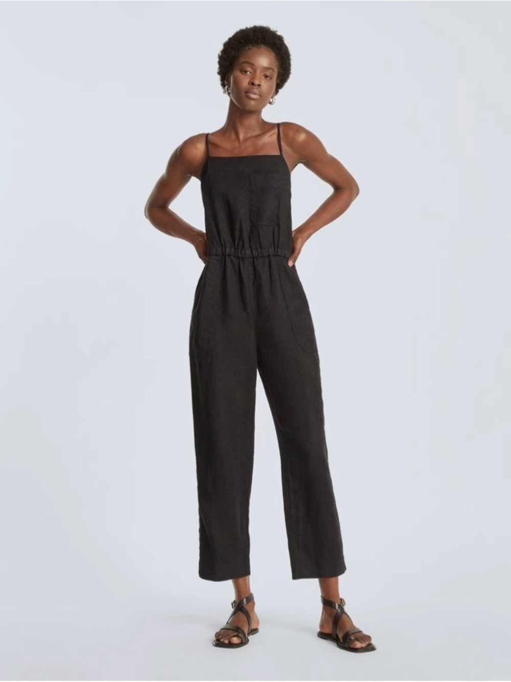 Everlane Black Sleeveless Square-Neck Linen Jumpsuit